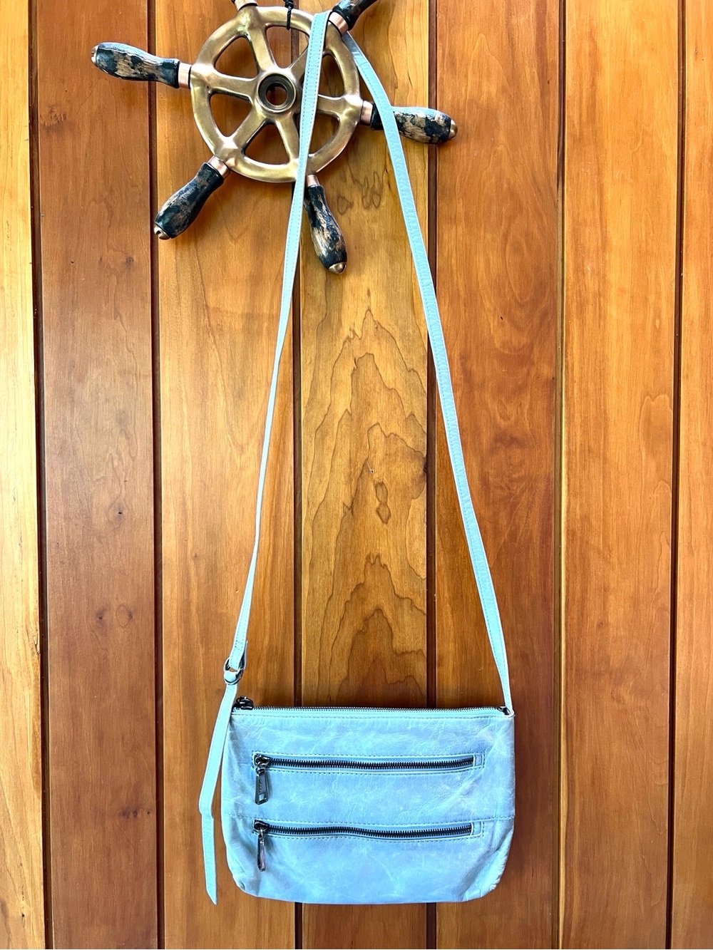Hobo International Blue Leather Triple Zipper Adjustable Strap Crossbody Bag